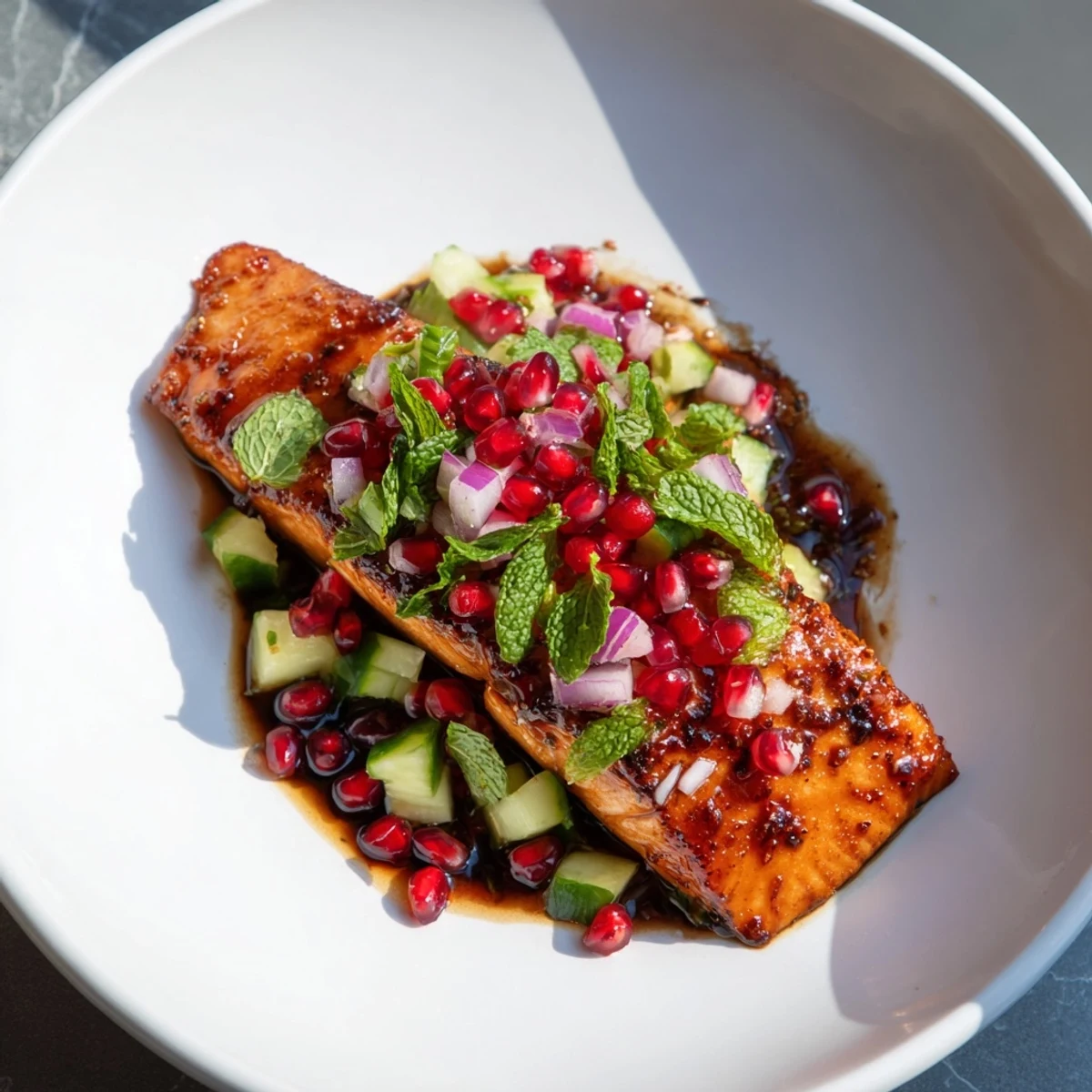 Delicious, flaky glazed salmon fillets contrasted with the jewel-toned freshness of the pomegranate salsa.