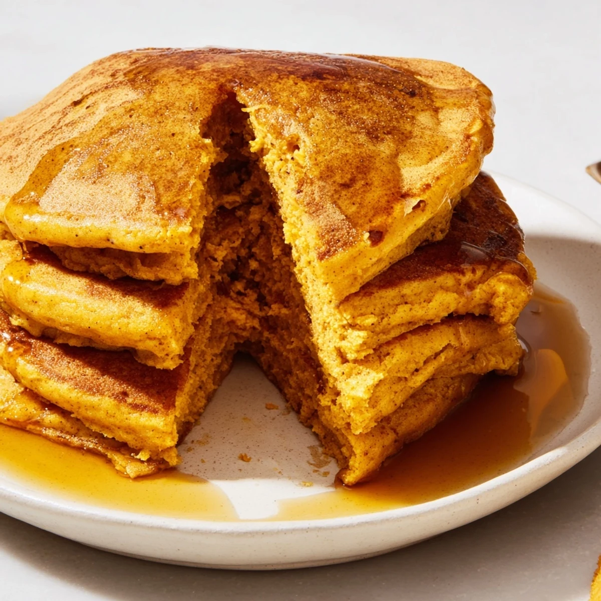 Golden-brown Spiced Pumpkin Pancakes, piled high, drizzled with maple syrup, ready to eat.