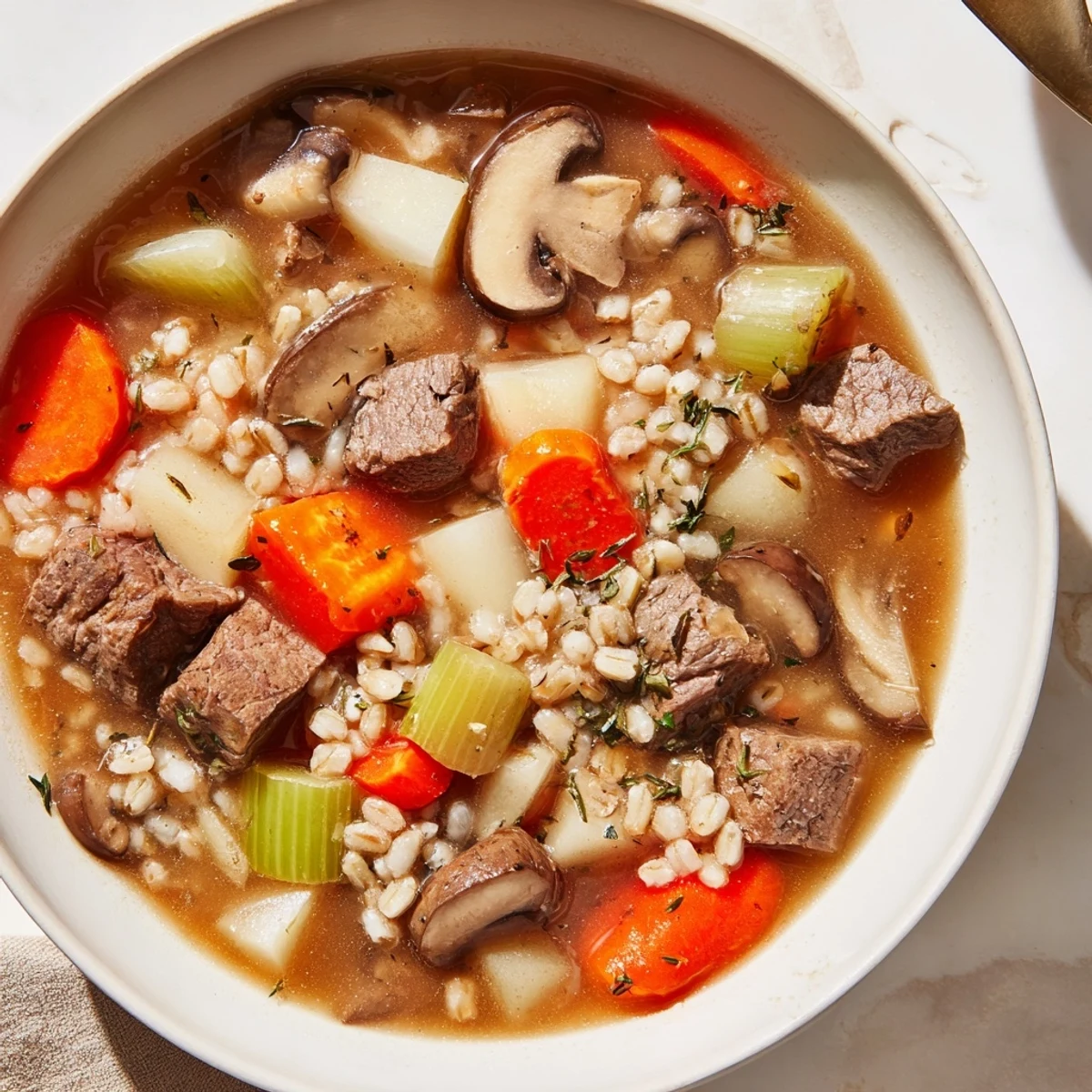 A steaming bowl of Savory Beef and Barley Soup, garnished with fresh parsley, awaits a hungry diner.