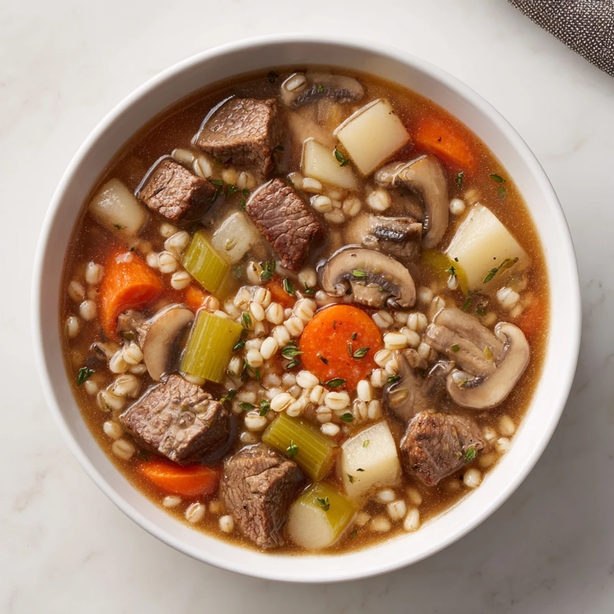 Hearty Savory Beef and Barley Soup: a close-up shows tender beef and barley in a rich, flavorful broth.