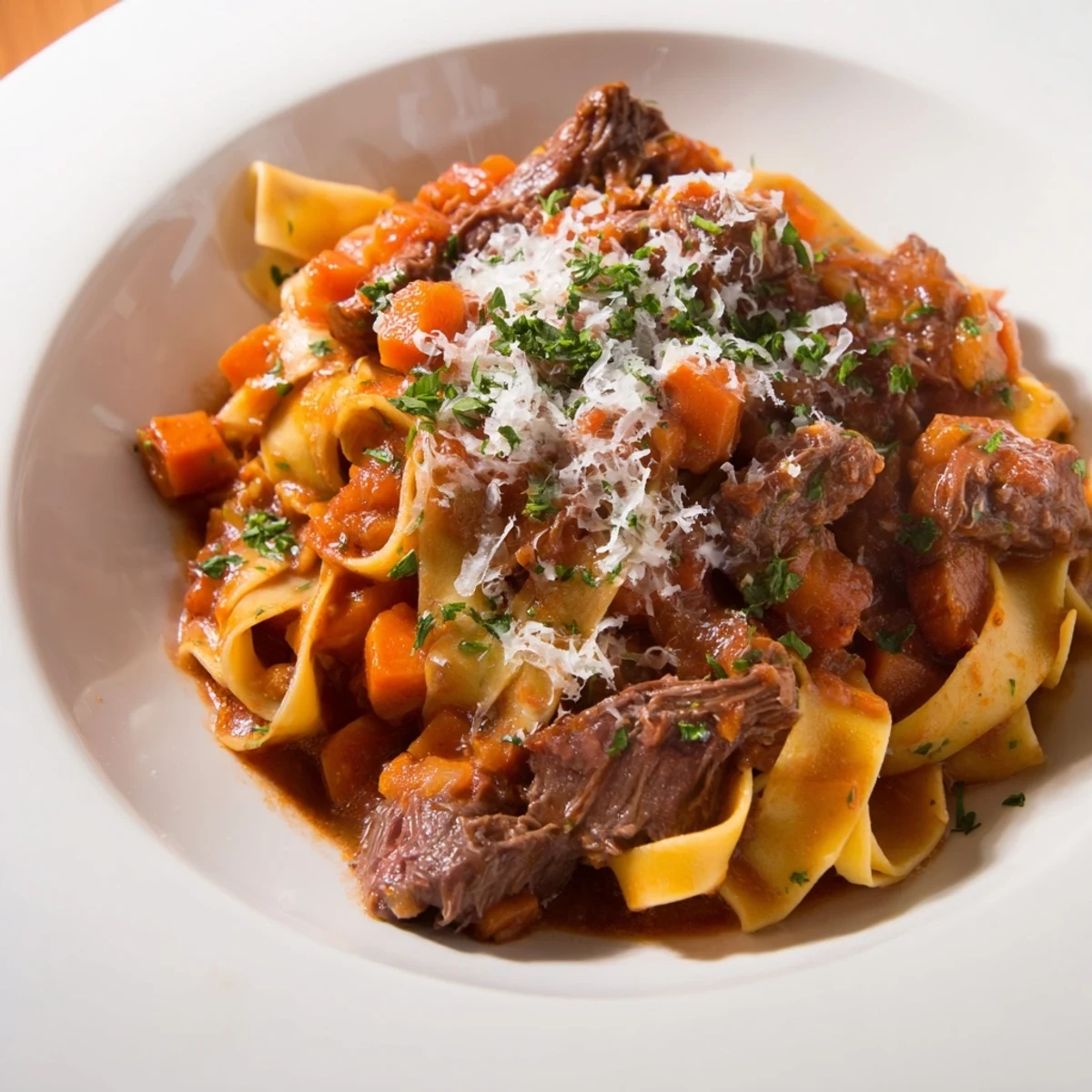 Tender Slow Cooked Beef Ragu over pappardelle, a rustic Italian dish with rich tomato sauce.