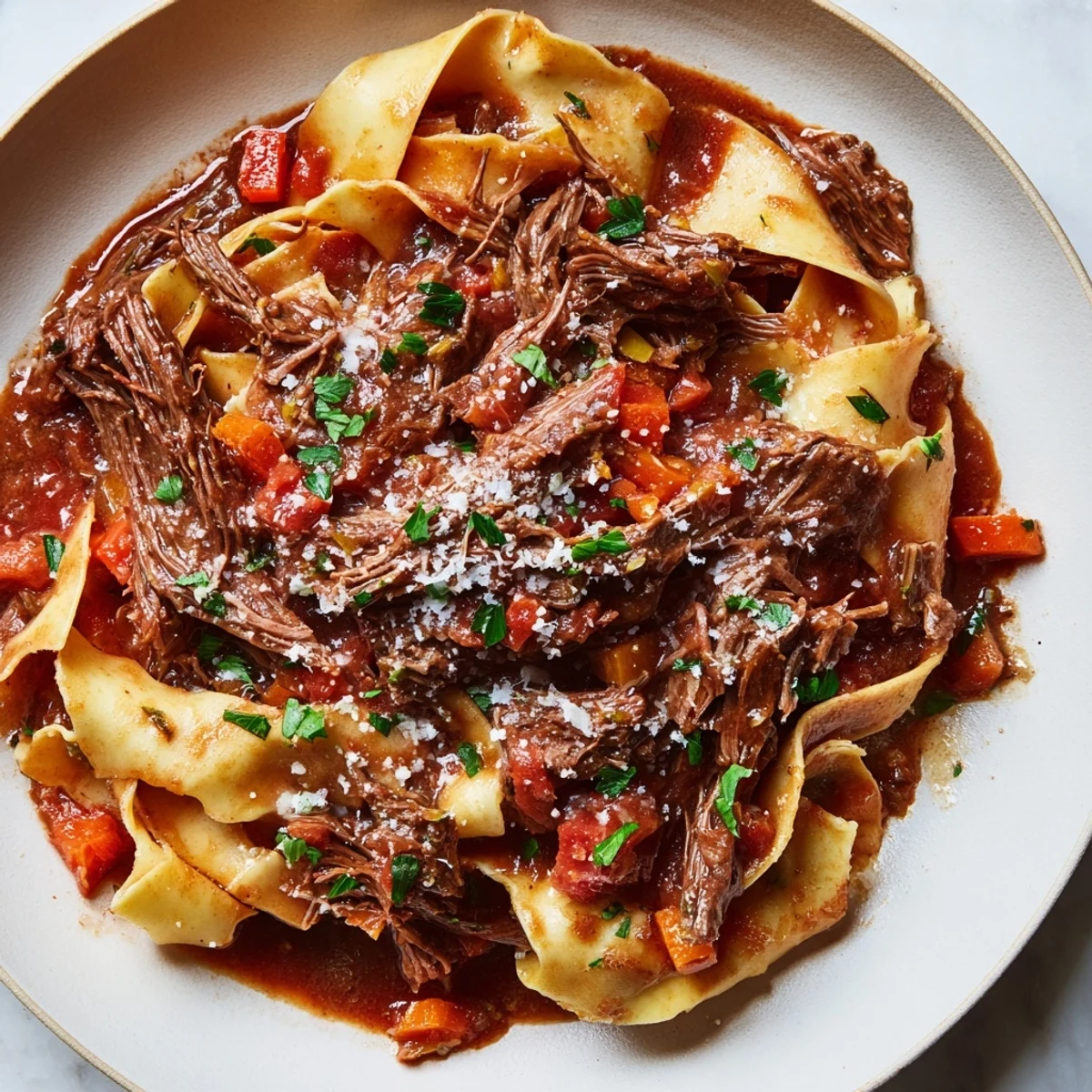 A close-up of steaming Slow Cooked Beef Ragu with perfectly cooked pappardelle pasta ready to serve.