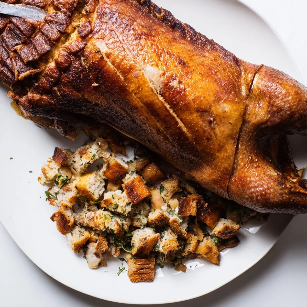 Golden, crispy skin of the roast goose with herb stuffing beckons, ready for your festive feast.