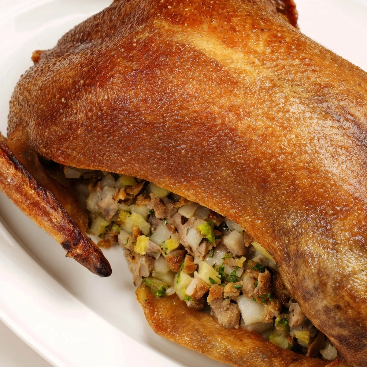 Tender, juicy goose with herb stuffing is pictured, served with roasted vegetables on a platter.