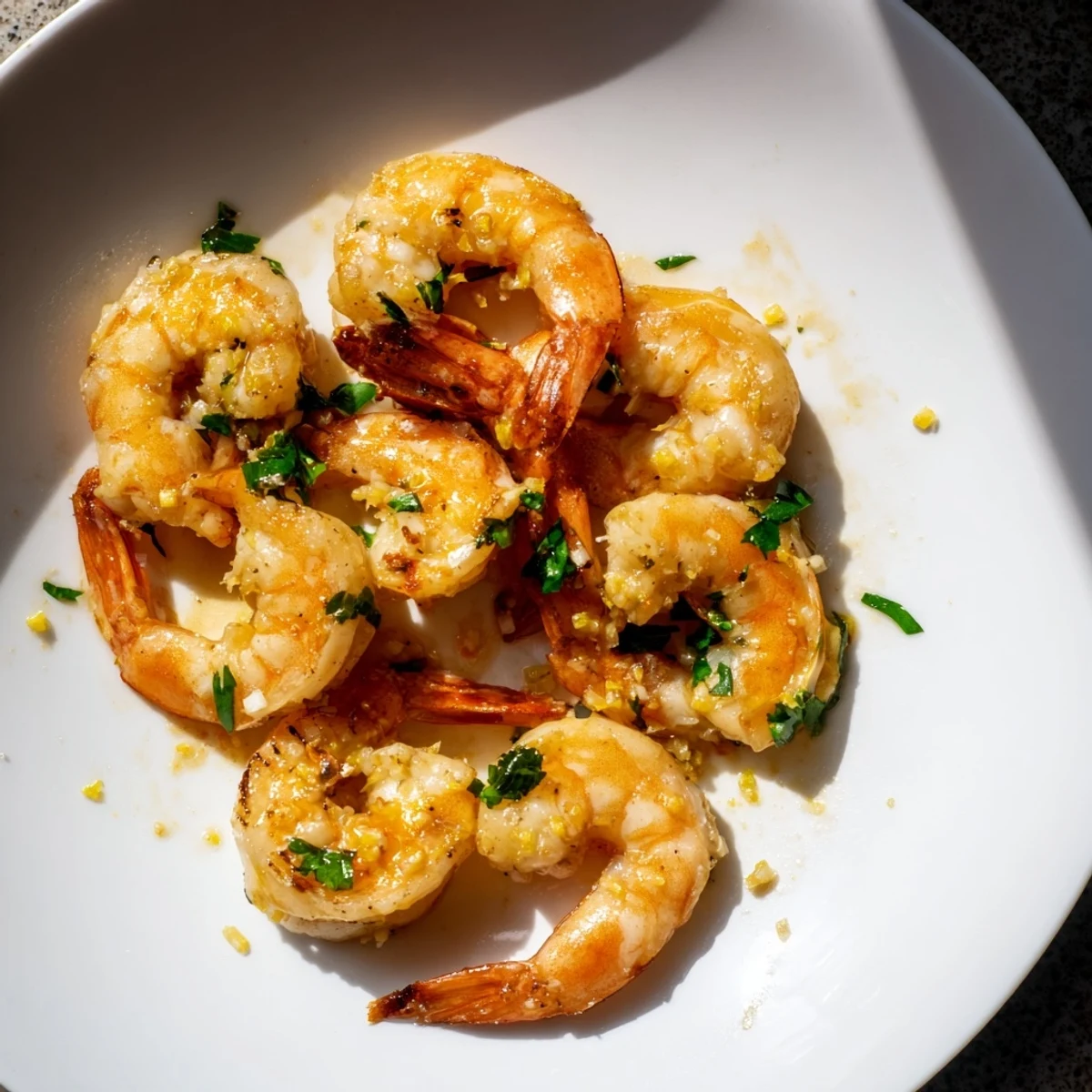 Sizzling Lemon Garlic Butter Shrimp, coated in a glistening sauce and ready for serving with lemon wedges.