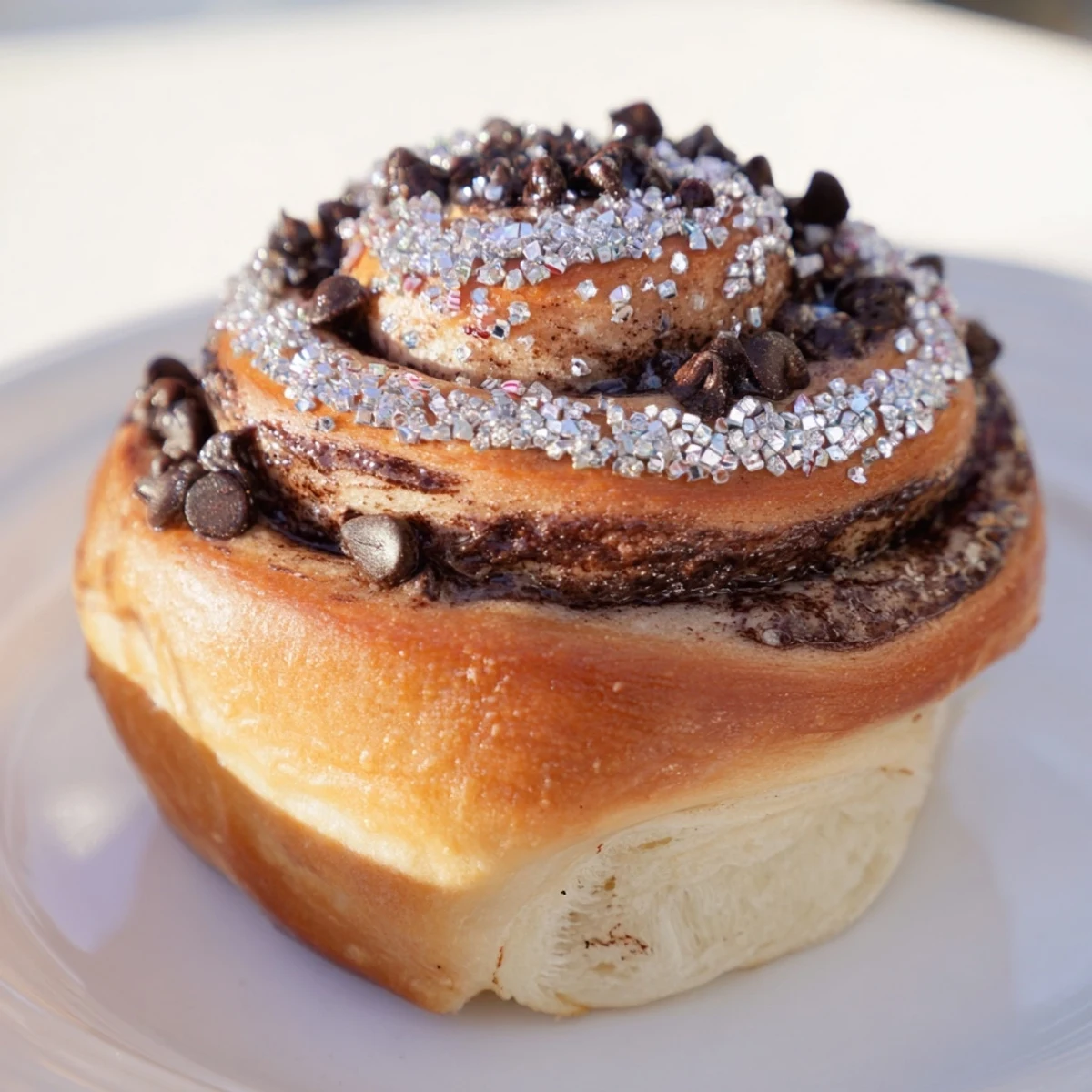A close-up of warm Peppermint Mocha Morning Buns with a glossy, peppermint sugar topping.