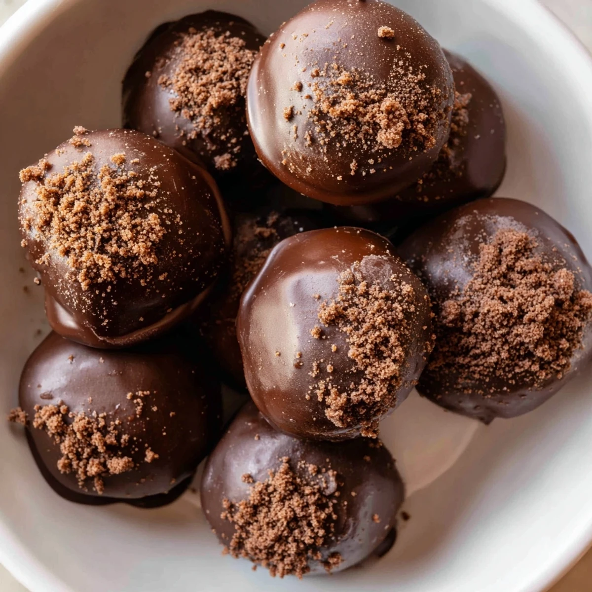 Close-up view of shiny, dark chocolate Gingerbread Truffles, ready to be enjoyed as a sweet treat.