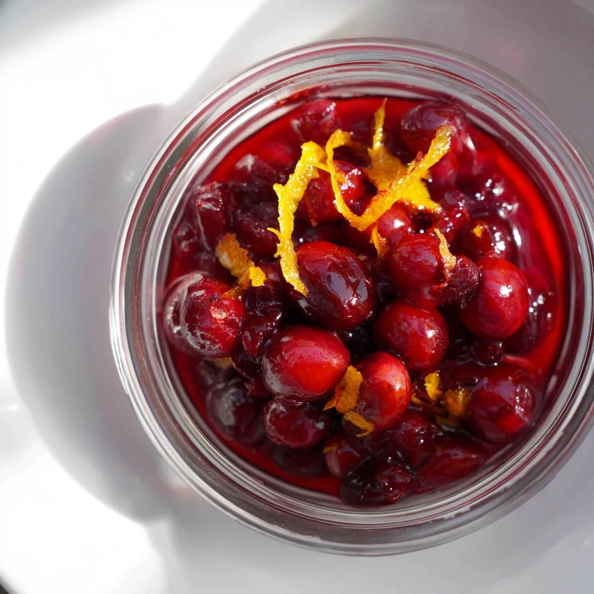Vibrant cranberry compote, a homemade treat, layered neatly inside a clear glass jar.