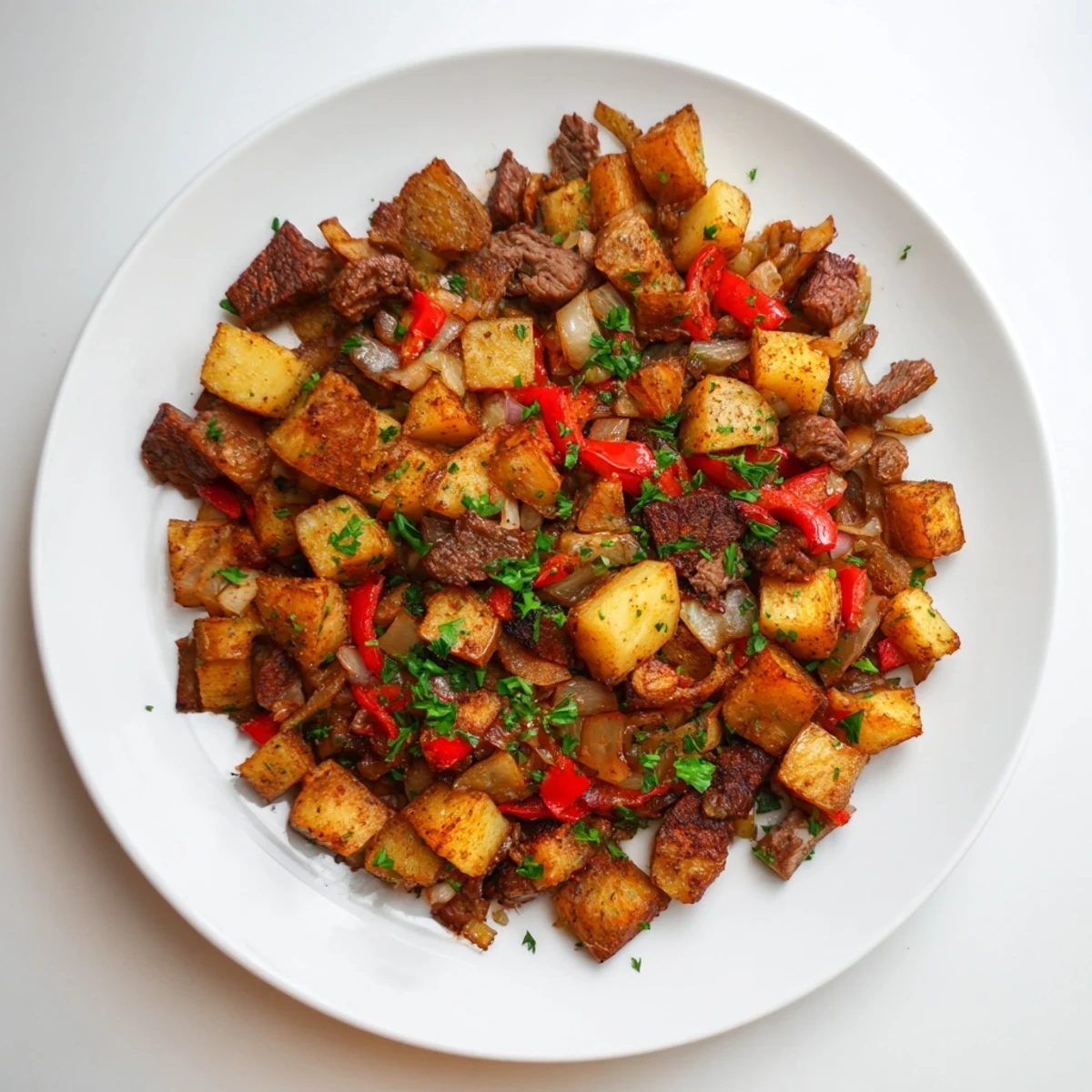A close-up view of a steaming plate of Beef Hash breakfast, garnished with fresh parsley sprigs.