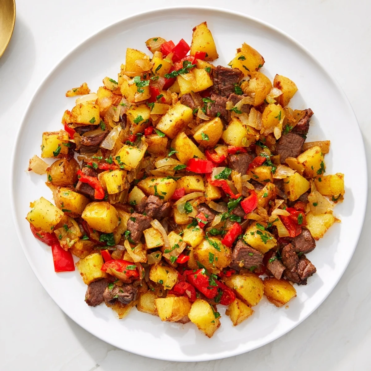 Hearty Beef Hash breakfast with fried potatoes and beef, perfect for a filling weekend meal.