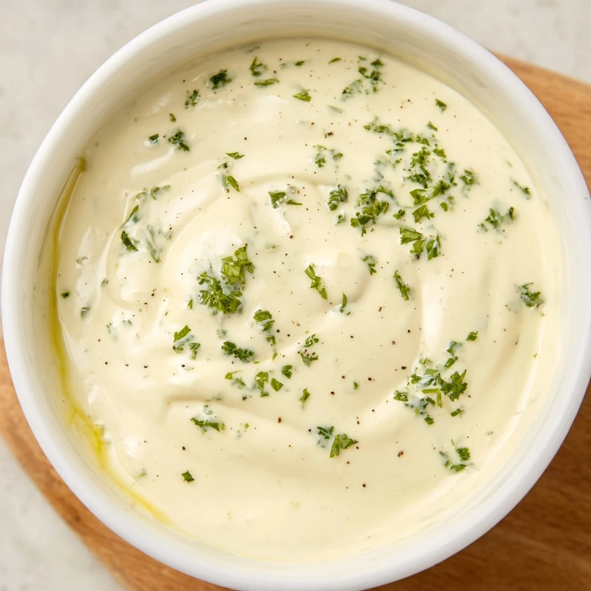 Freshly made garlic mayo sauce, a bright white and vibrant dip perfect for fries or sandwiches.