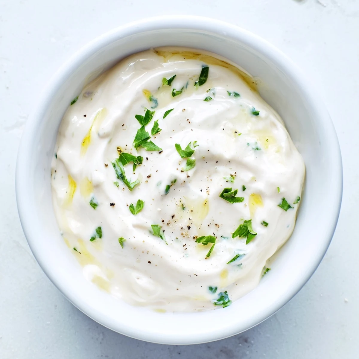A close-up of a bowl of garlic mayo sauce, smelling strongly of garlic and ready to serve.