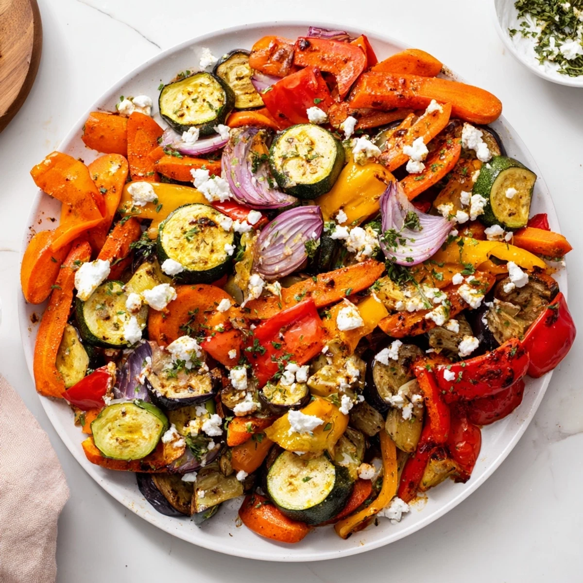 A colorful Baked Vegetable Pan with tender roasted vegetables and aromatic herbs, ready to serve.