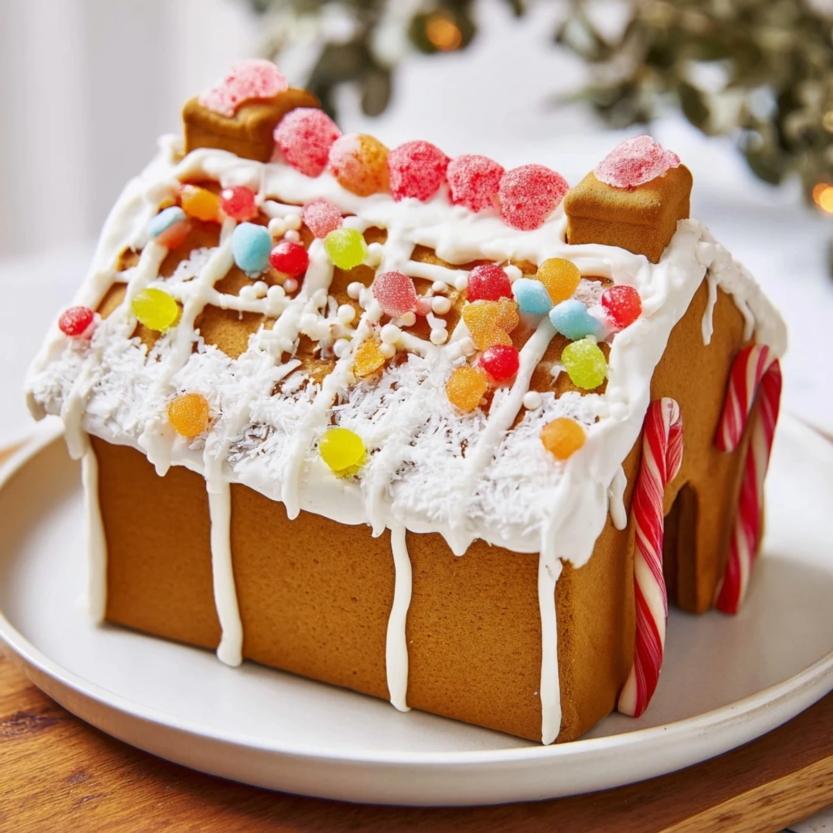 A vibrant gingerbread village kit, ready for decorating with colorful candies and fresh, sweet icing.