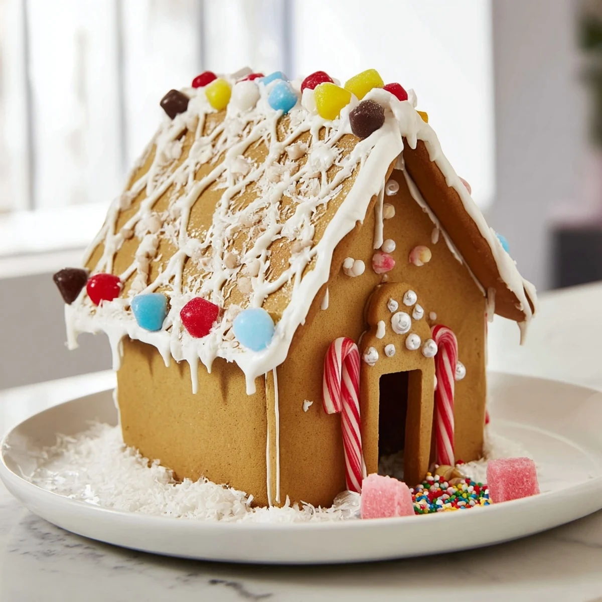 Freshly baked and golden brown gingerbread houses invite a closer look at this festive village scene.