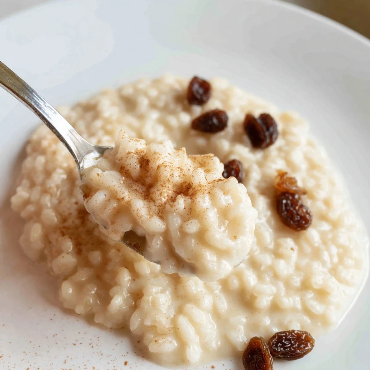 A warm bowl of creamy rice pudding, garnished with cinnamon and ready to eat.
