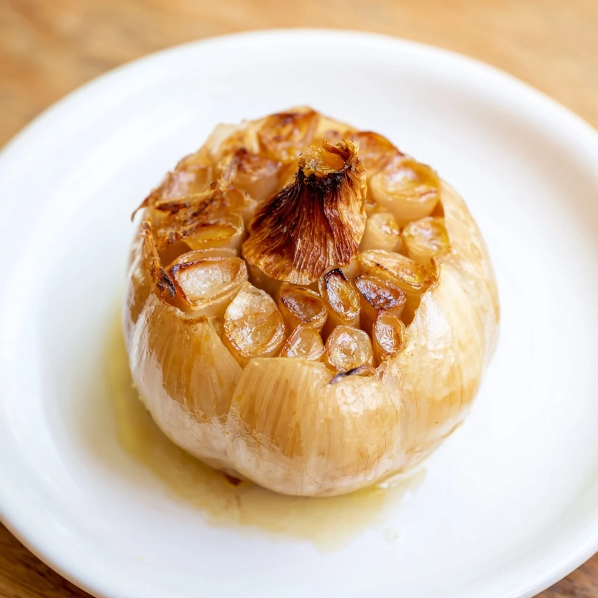 Golden, caramelized roasted garlic bulb, ready to be squeezed and spread on warm bread.
