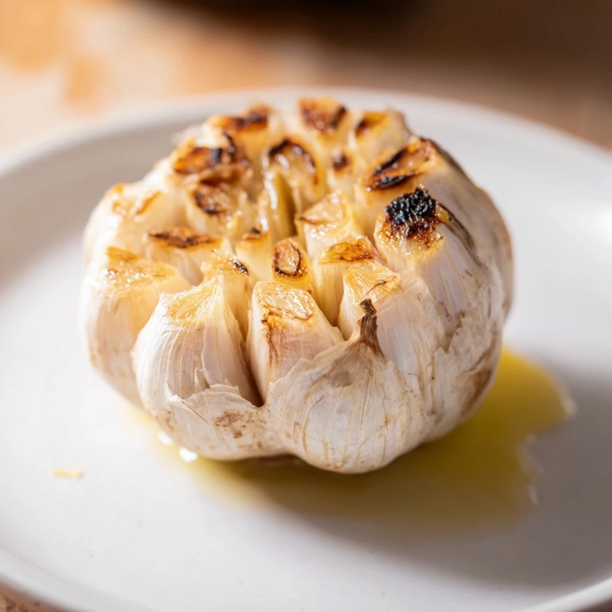 Savory roasted garlic bulb, caramelized and oozing with olive oil ready for dipping or blending.