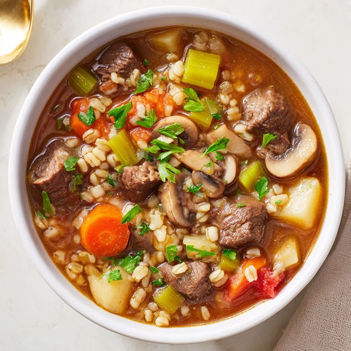 A close-up shot of the flavorful Hearty Beef and Barley Soup showing off rich, savory broth.
