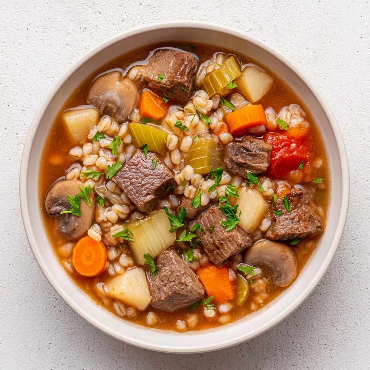 Steaming bowl of Hearty Beef and Barley Soup with tender beef, barley, and fresh parsley garnish.