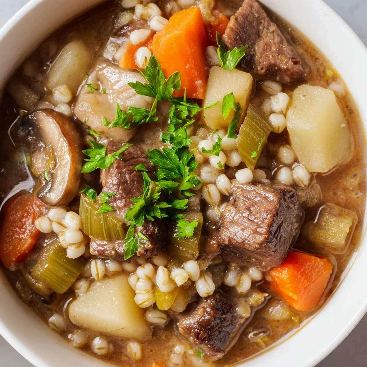 Homemade Hearty Beef and Barley Soup, a warming American classic, perfect for a cozy dinner.