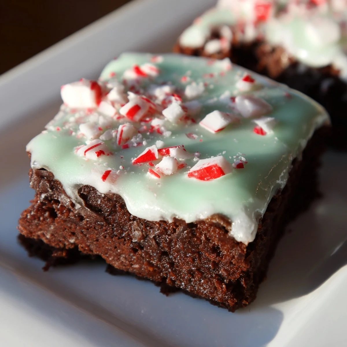 Close-up of freshly baked Peppermint Brownies, showing a luscious, chewy chocolate center.