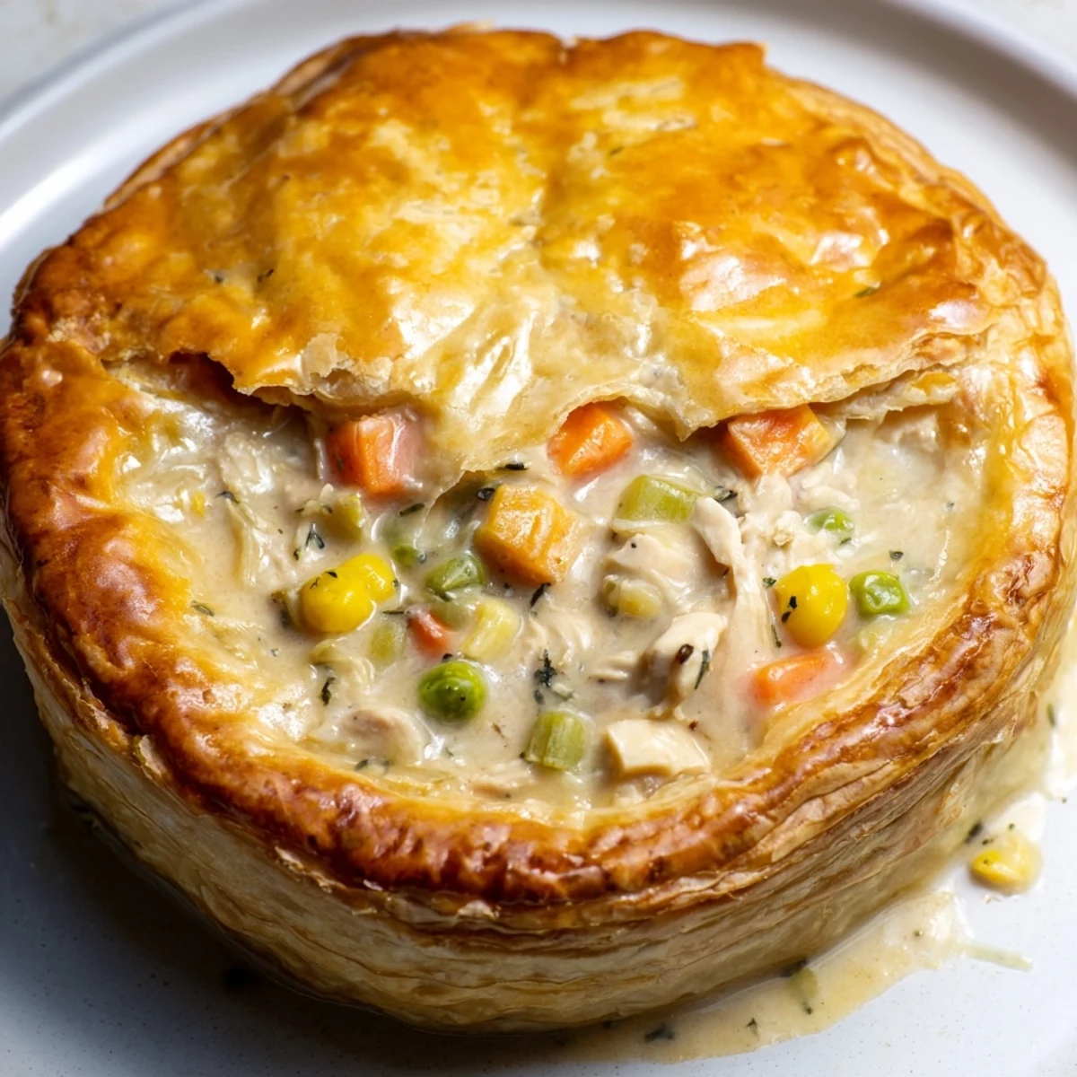 Golden-brown crust tops the savory chicken pot pie, a comforting American classic, served hot.