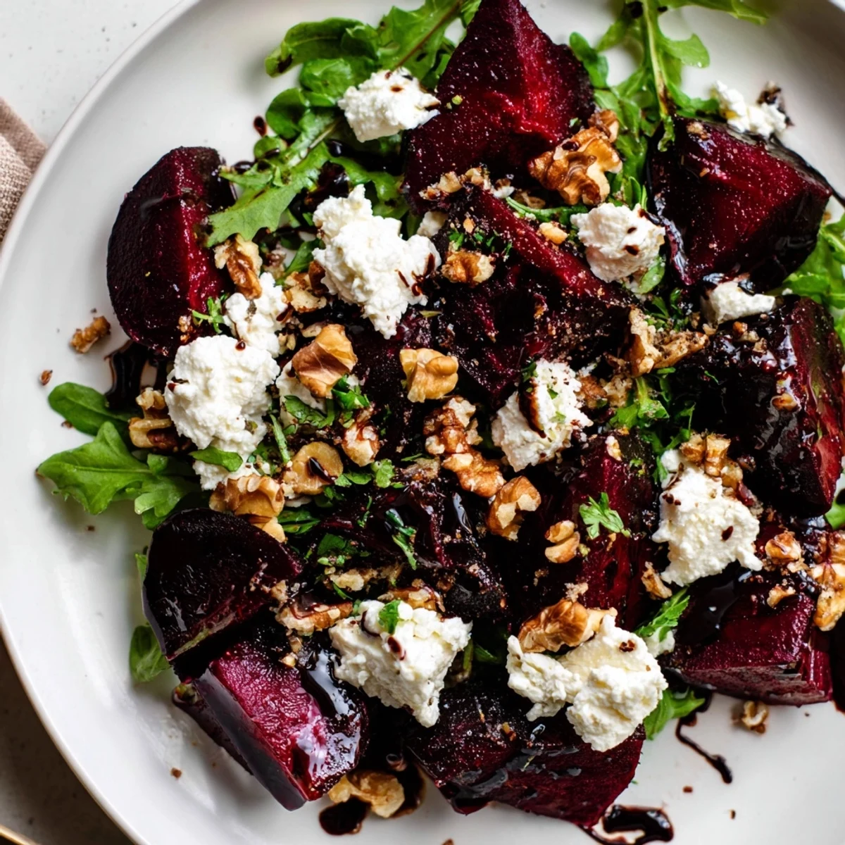 This Roasted Beet and Goat Cheese Salad features vibrant red beets, crumbled goat cheese, and crunchy walnuts.