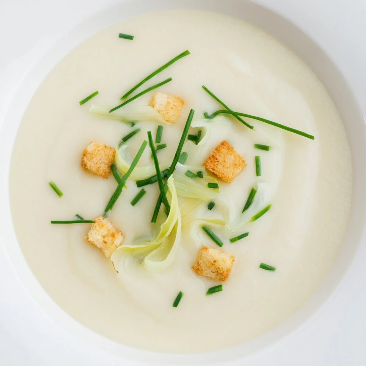 This Creamy Potato Leek Soup boasts a rich, creamy texture, garnished with fresh herbs for serving.