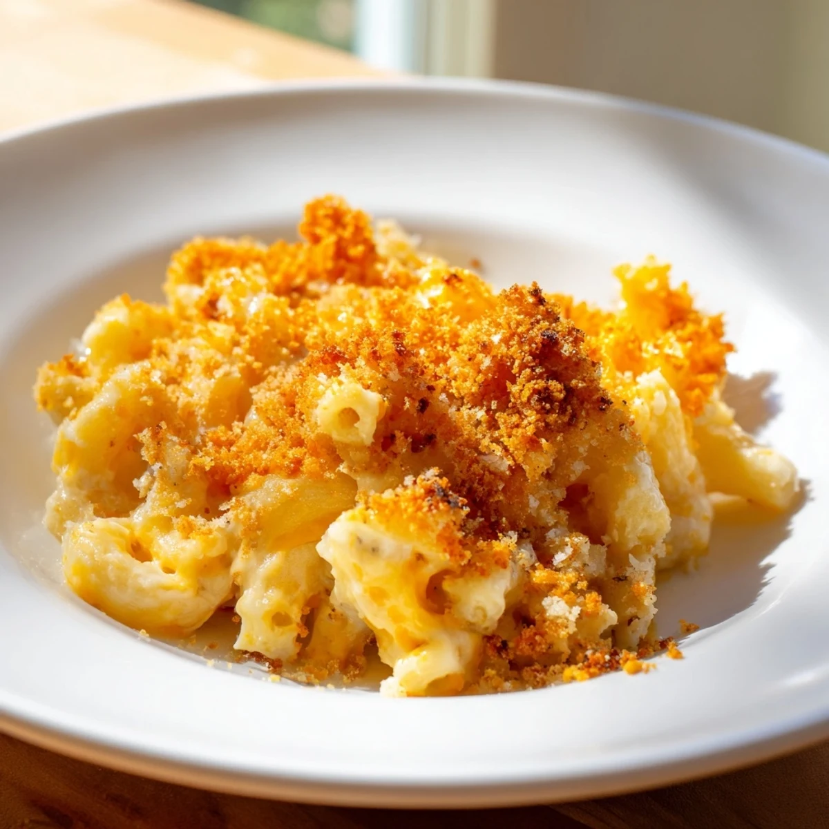 A close-up of creamy Baked Macaroni and Cheese, showing melted cheese and tender elbow macaroni.