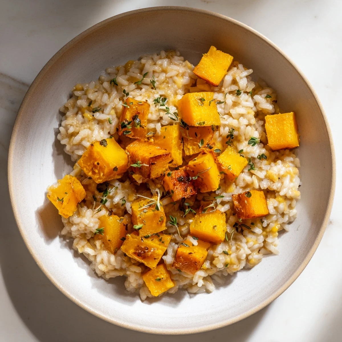 Close-up of creamy butternut squash risotto, garnished with fresh thyme, perfect for a cozy dinner.