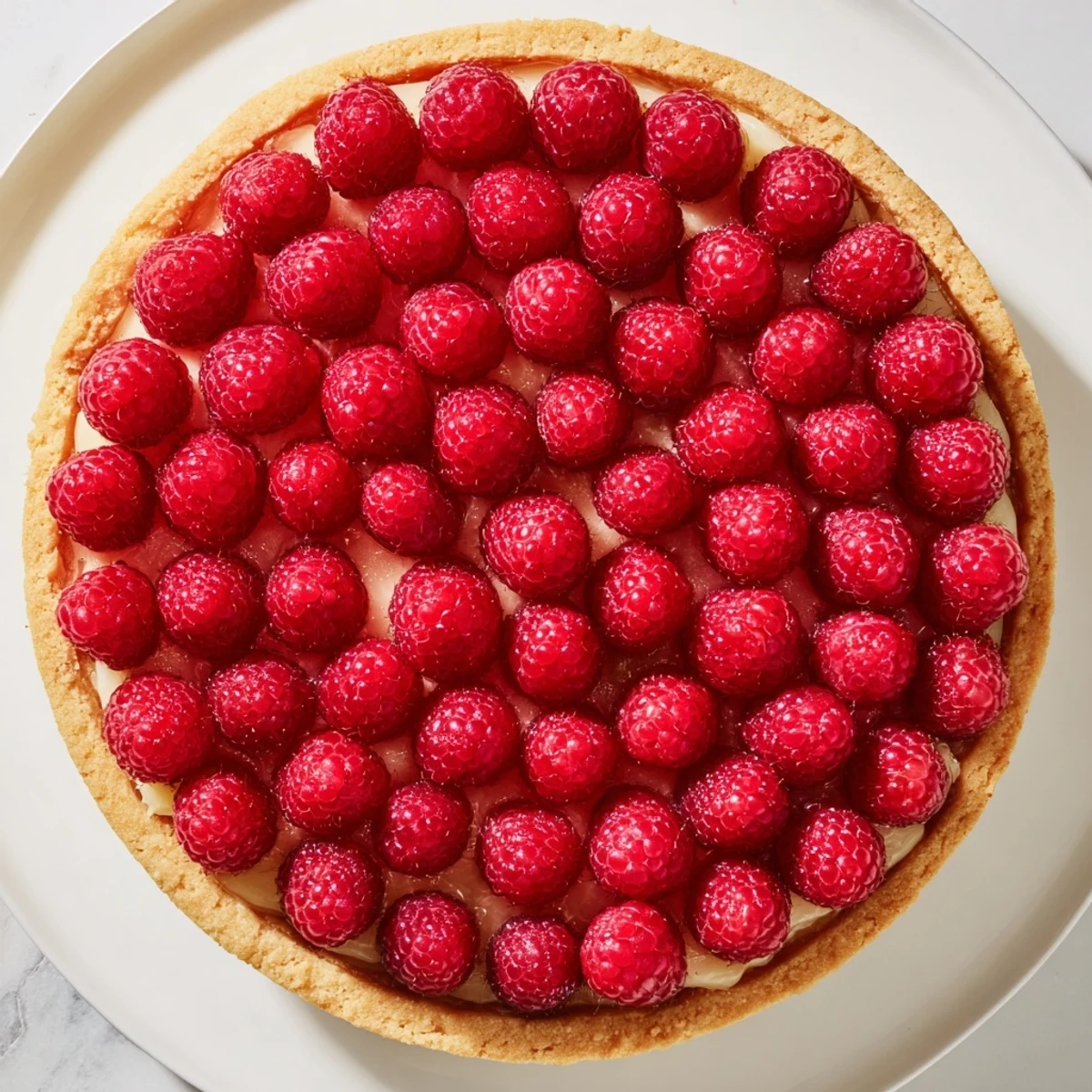 A beautiful Raspberry Tart with glossy red berries, perfect for a summer dessert table.