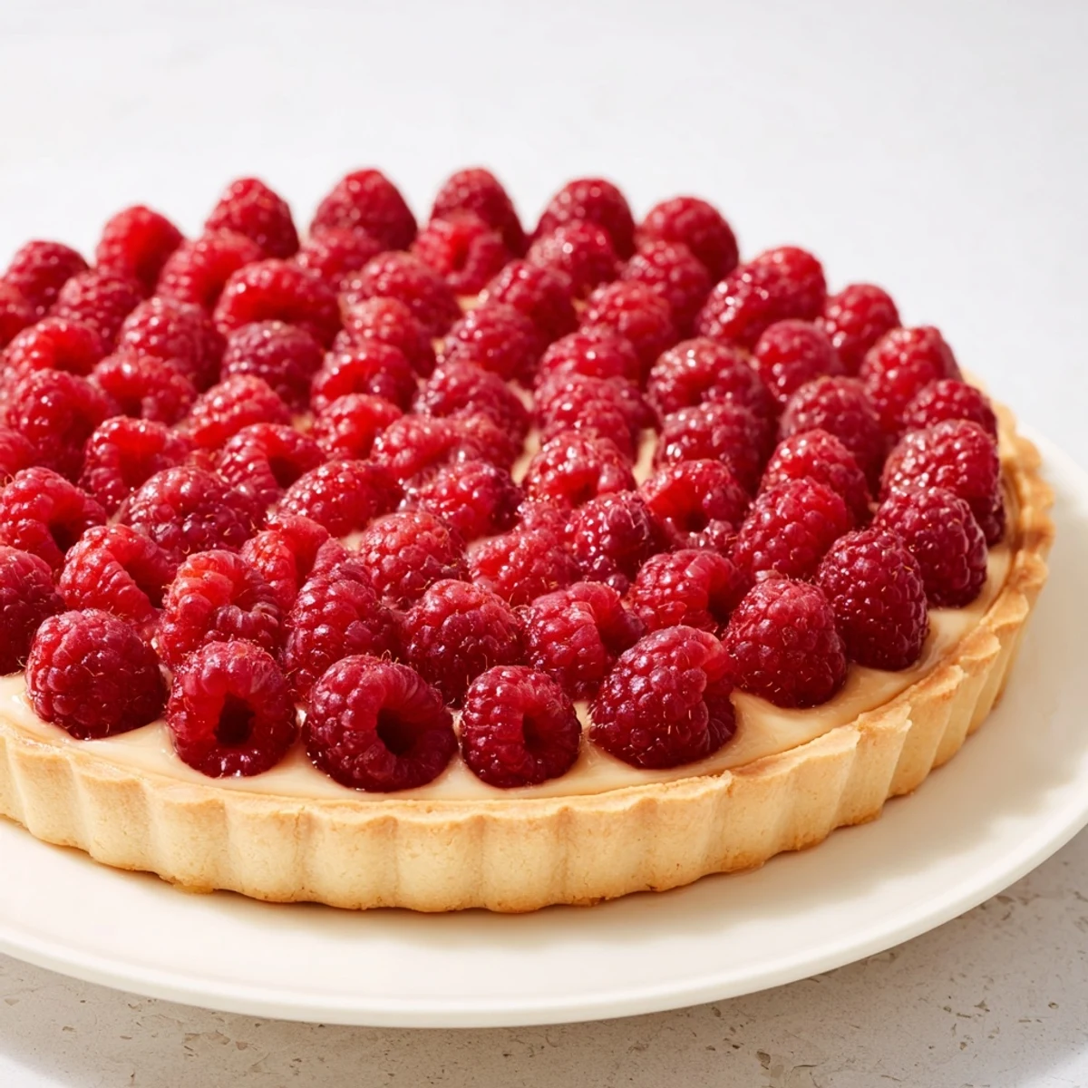 Fresh, juicy raspberries crown this decadent Raspberry Tart, resting on a creamy pastry filling.