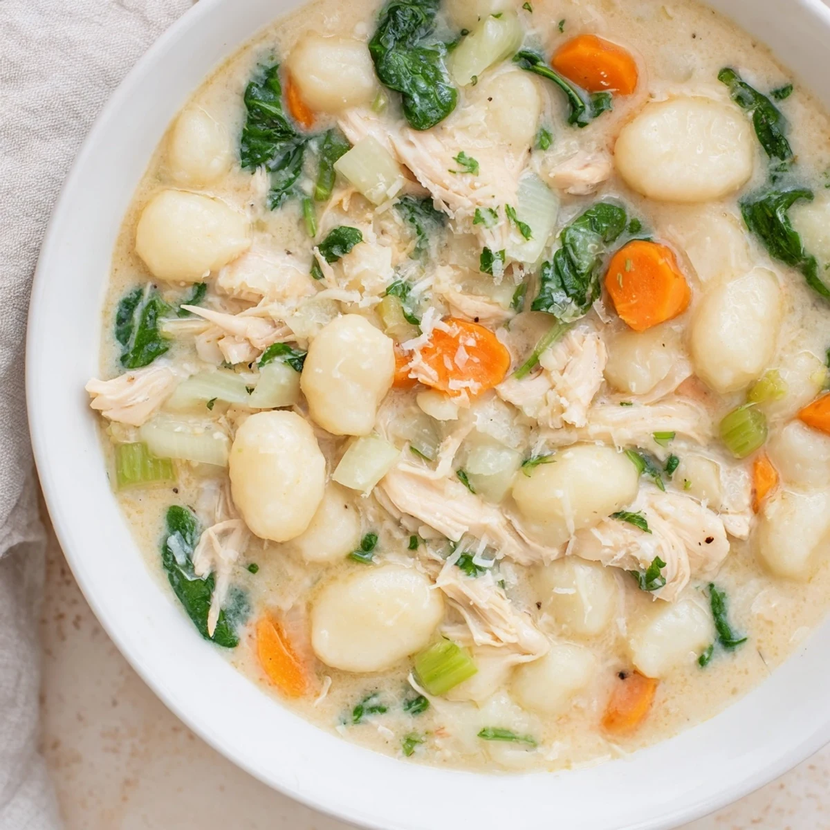 Creamy bowl of Gnocchi Soup with tender chicken and fresh spinach, ready to serve.