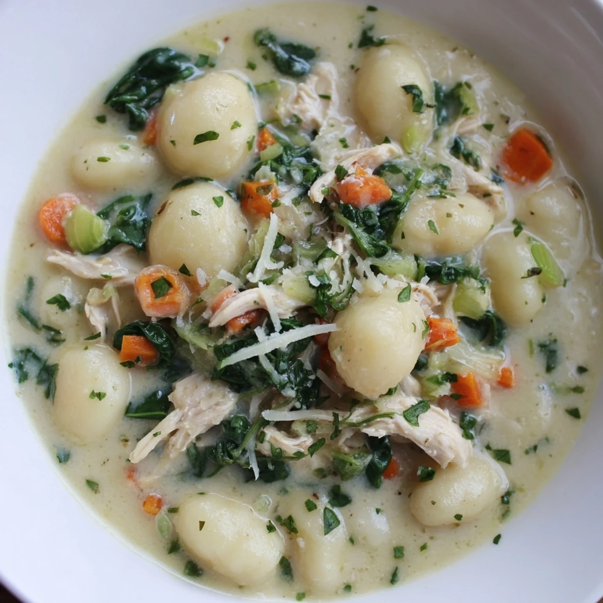 Hearty Gnocchi Soup steaming in a deep bowl, topped with grated Parmesan and herbs.
