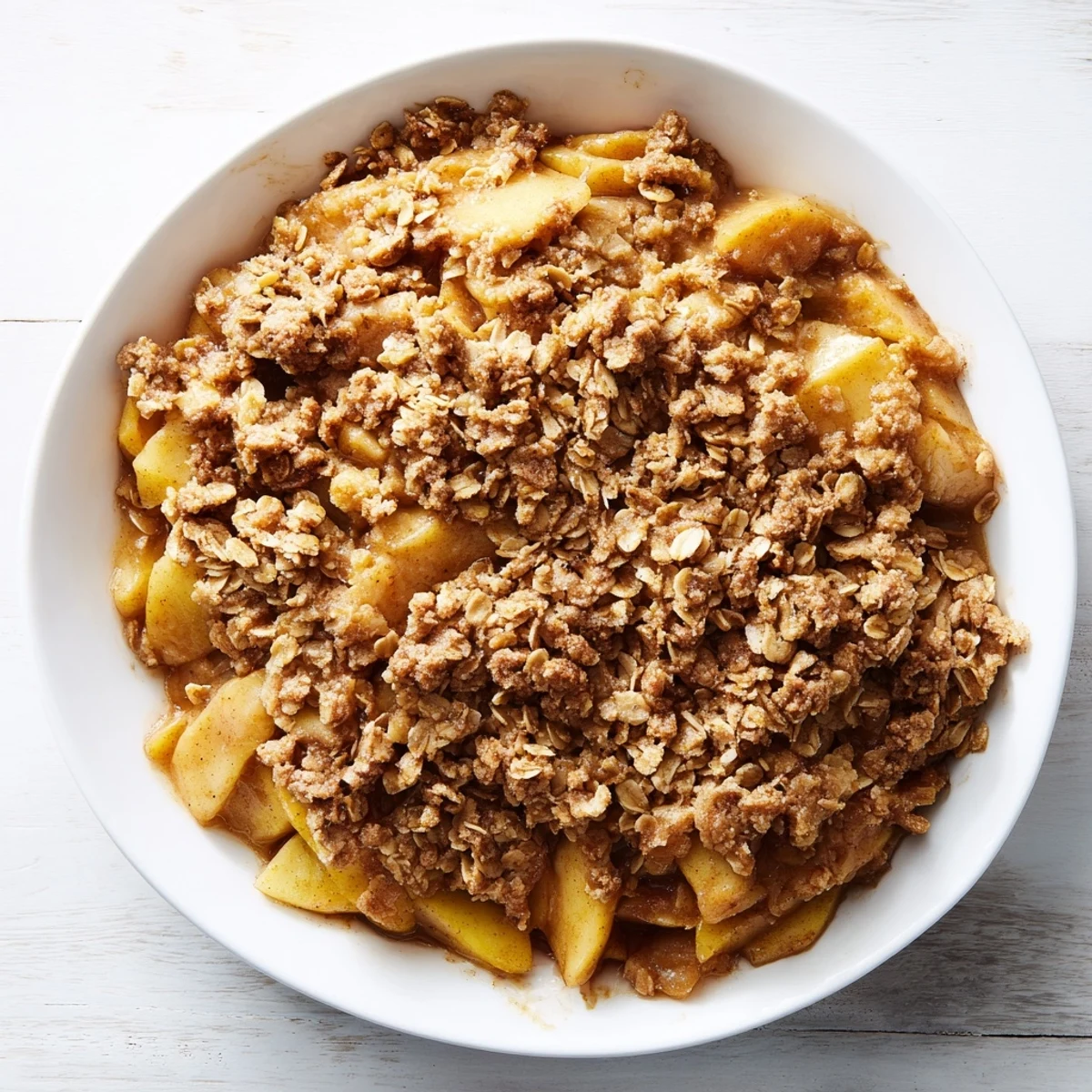 Warm, bubbly apple crumble, a comforting dessert with golden, buttery topping—delicious!