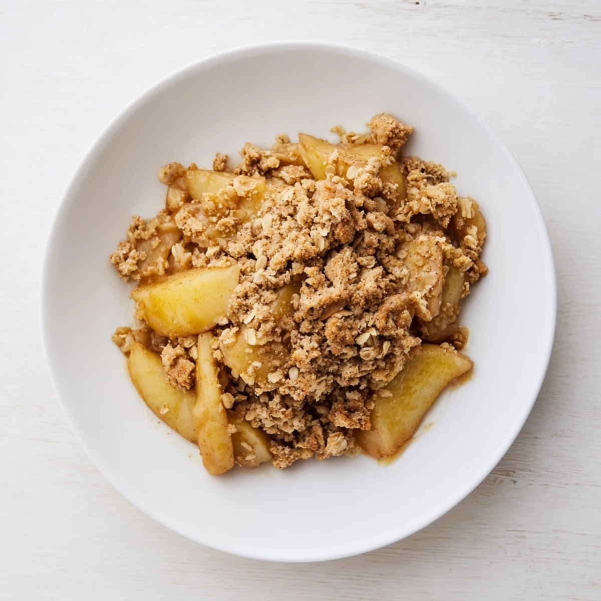 Close-up of apple crumble, showing the sweet, soft apples and a perfectly browned crumble crust.