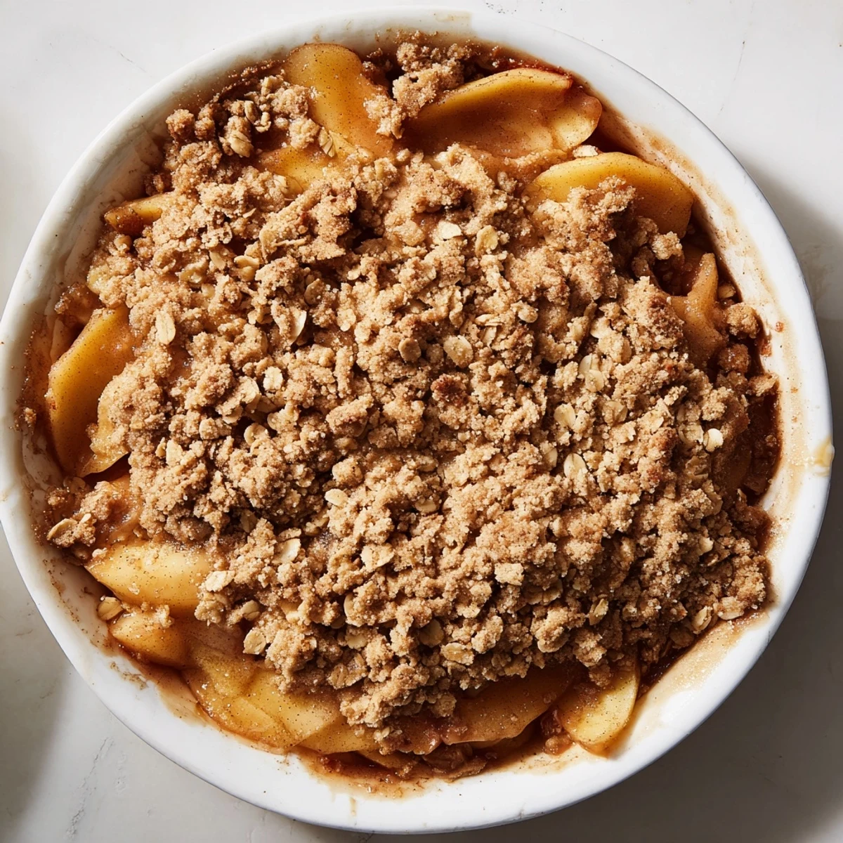 Homemade apple crumble, fresh from the oven, with a crispy crumble and spiced apple filling.