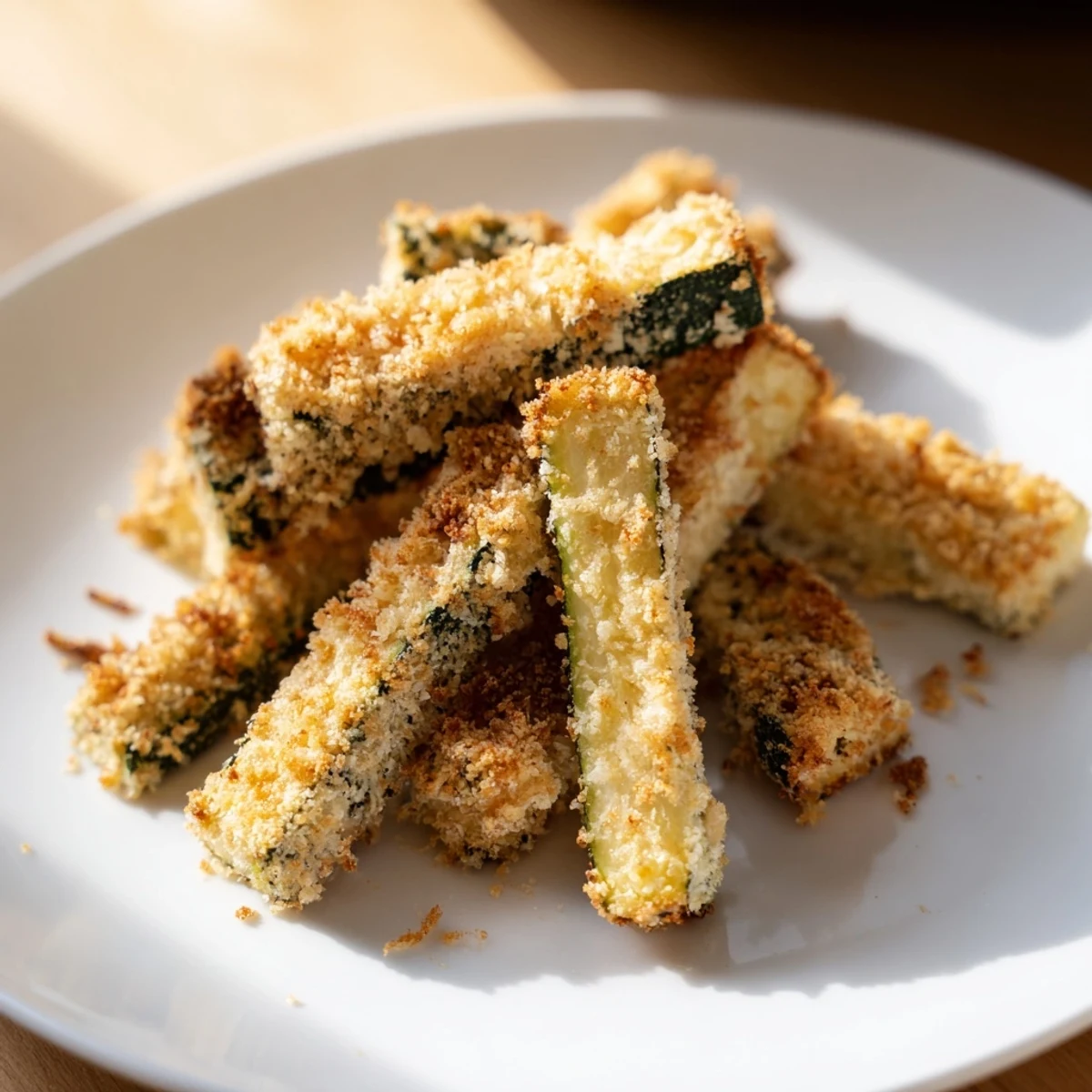 These flavorful zucchini fries, coated in savory breadcrumbs, are perfect for a snack.