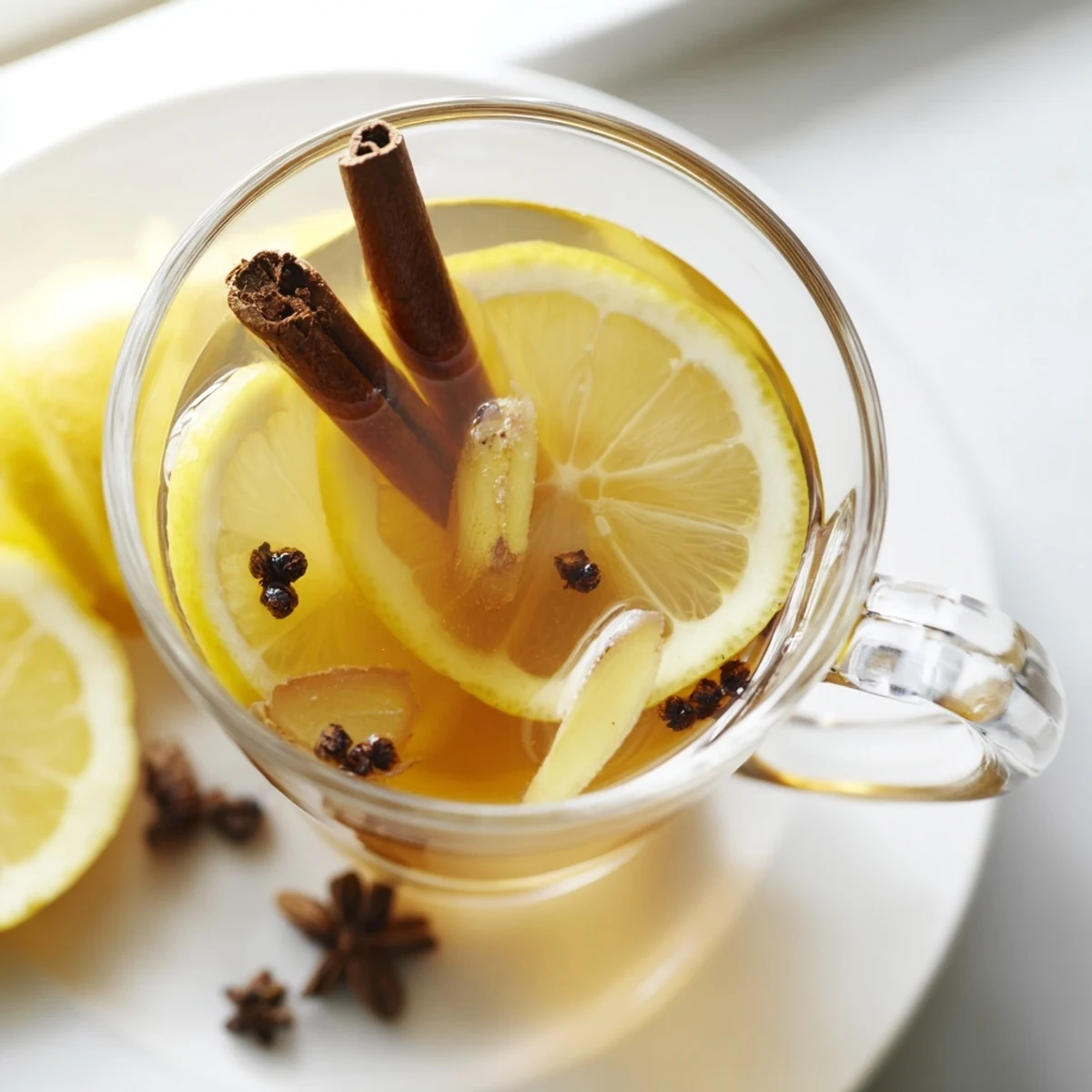 Warm, spicy aroma of a homemade alcohol-free Hot Toddy with visible cinnamon and ginger.