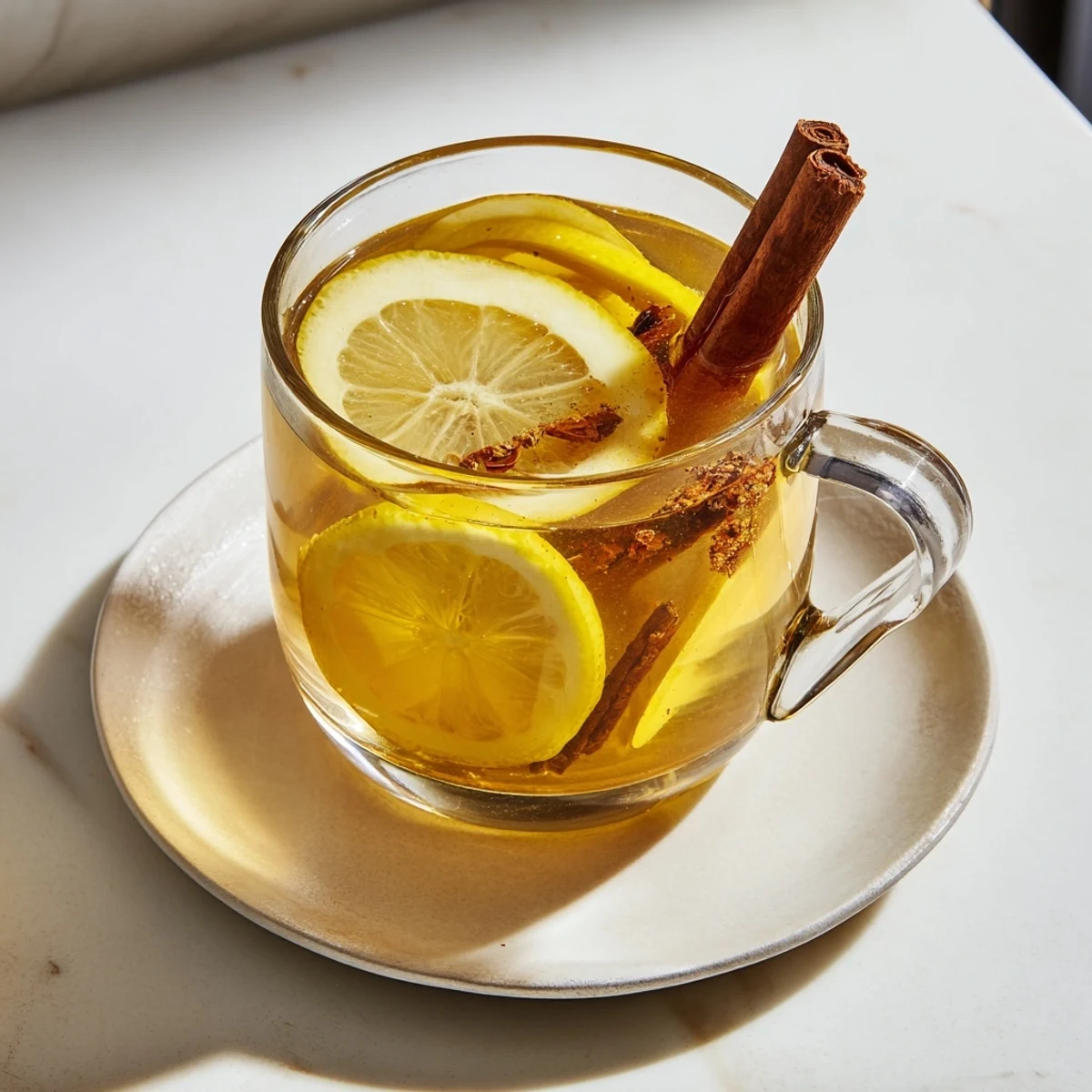 Close-up of a golden Hot Toddy, highlighted by a lemon slice, the perfect remedy for cold days.