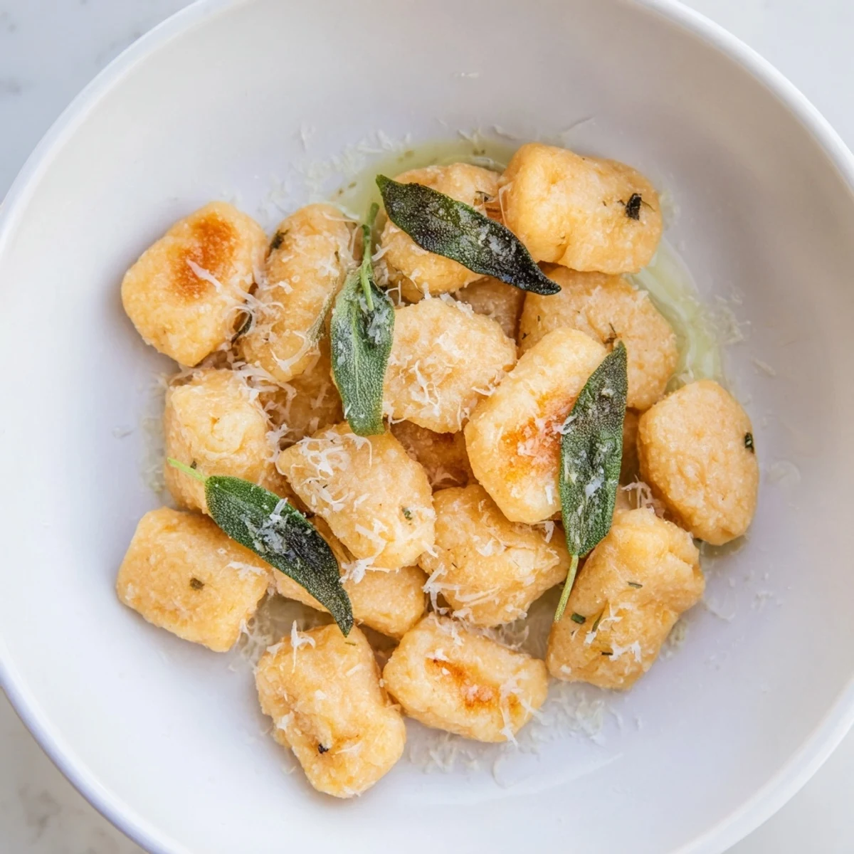 Image of golden-brown Squash Gnocchi, presented with fresh sage and Parmesan cheese for serving.