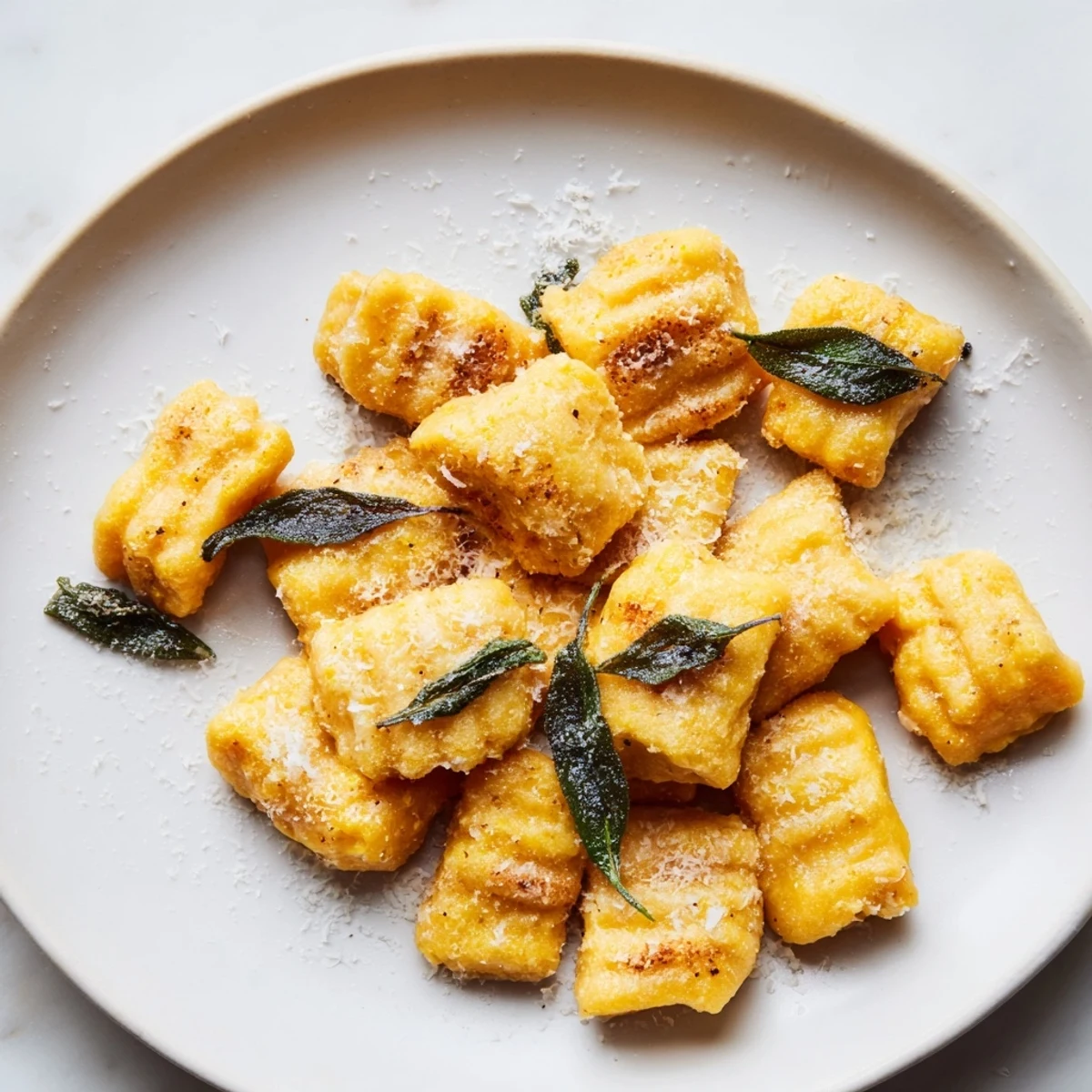 Delicious, homemade squash gnocchi, light and fluffy, tossed in sage butter, ready to eat.