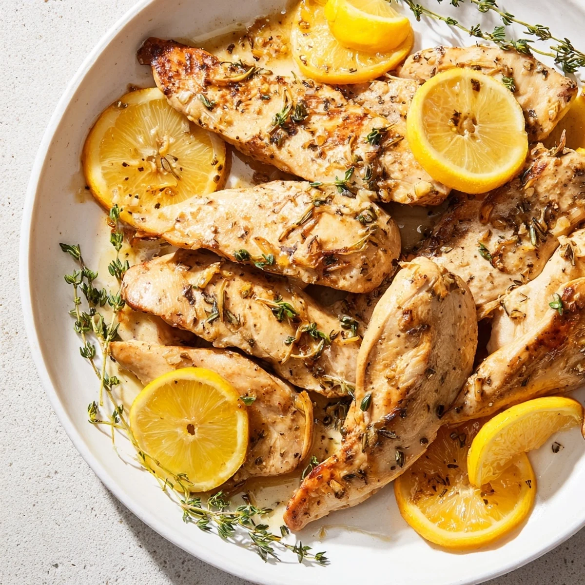 Golden-seared Lemon Thyme Chicken, juicy and fragrant, ready to be served with lemon slices.