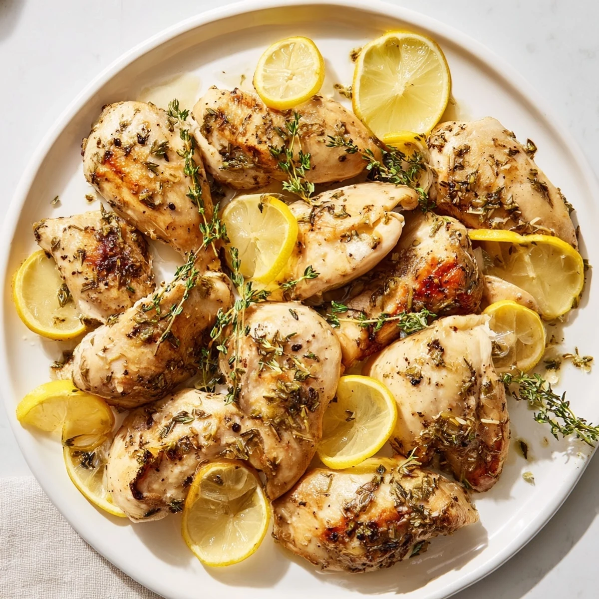 Close-up of pan-seared Lemon Thyme Chicken, showcasing tender breasts with golden-brown edges and herbs.