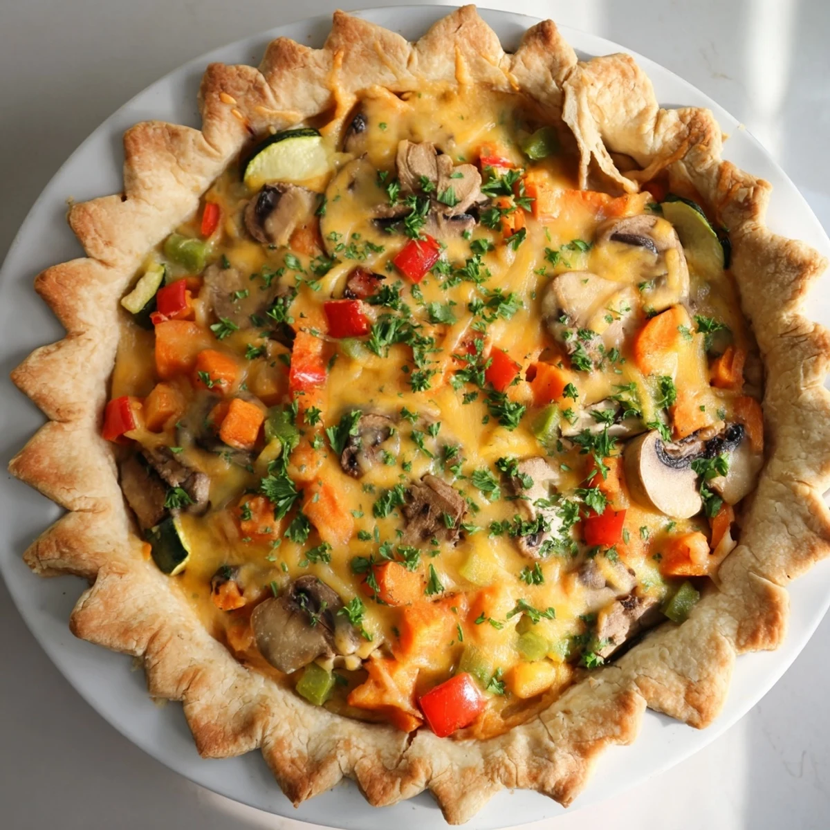 A warm, savory pie with a golden crust and a colorful vegetable filling, perfect for dinner.
