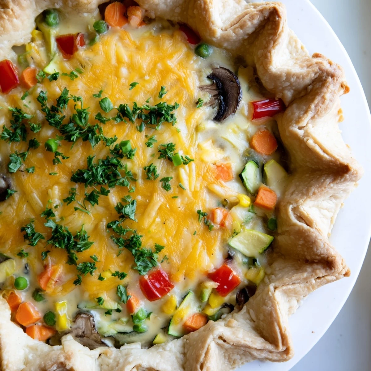 This delicious savory pie features a flaky crust and is filled with hearty vegetables and cheese.