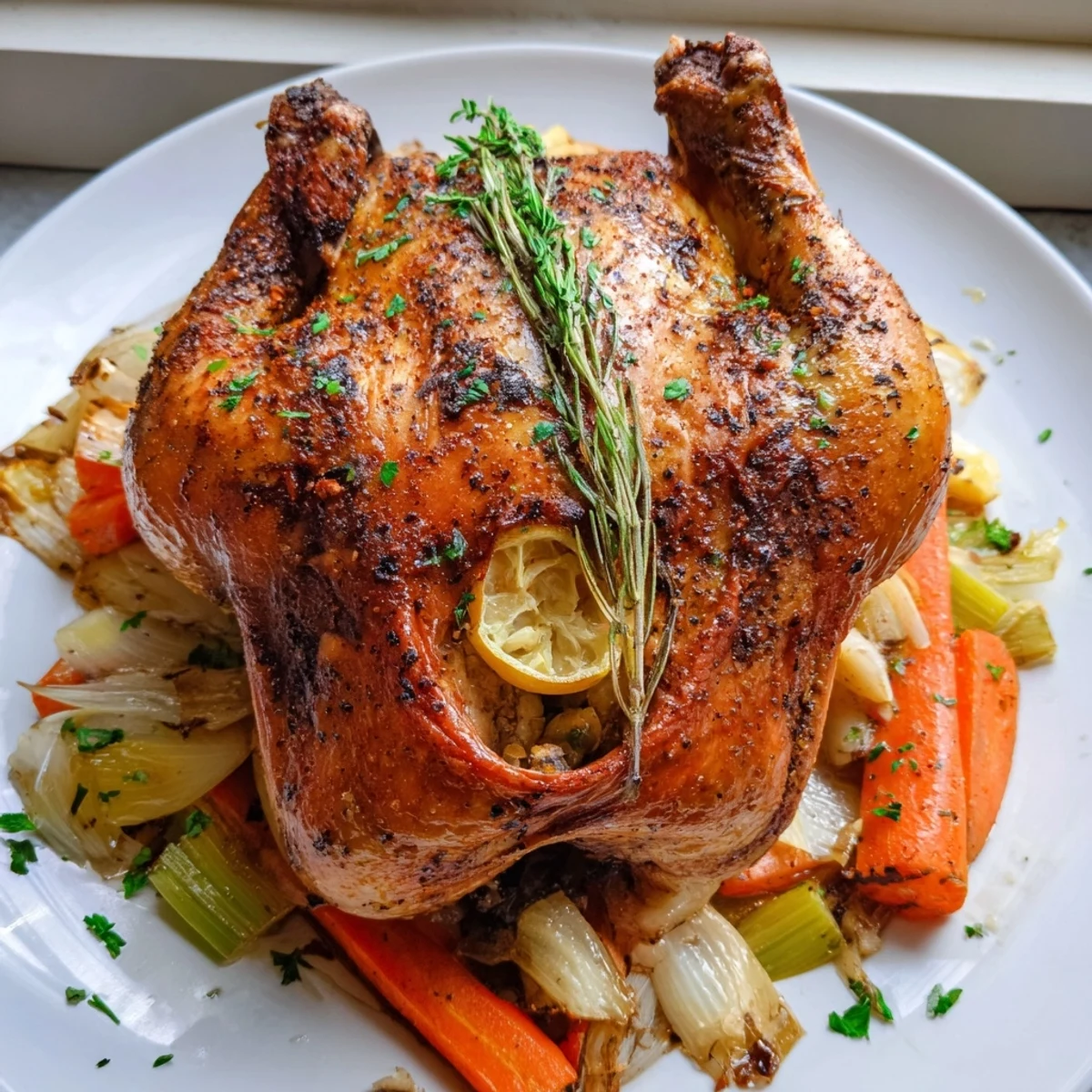Juicy Classic Roast Chicken, perfectly cooked and ready to carve, served with flavorful pan juices.