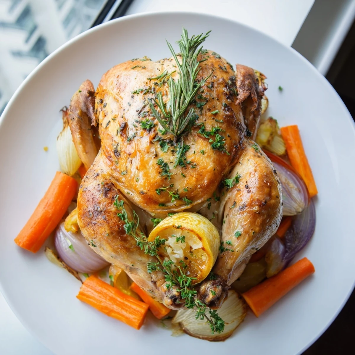 Golden-brown Classic Roast Chicken, with crispy skin and fragrant herbs, resting on roasted vegetables.