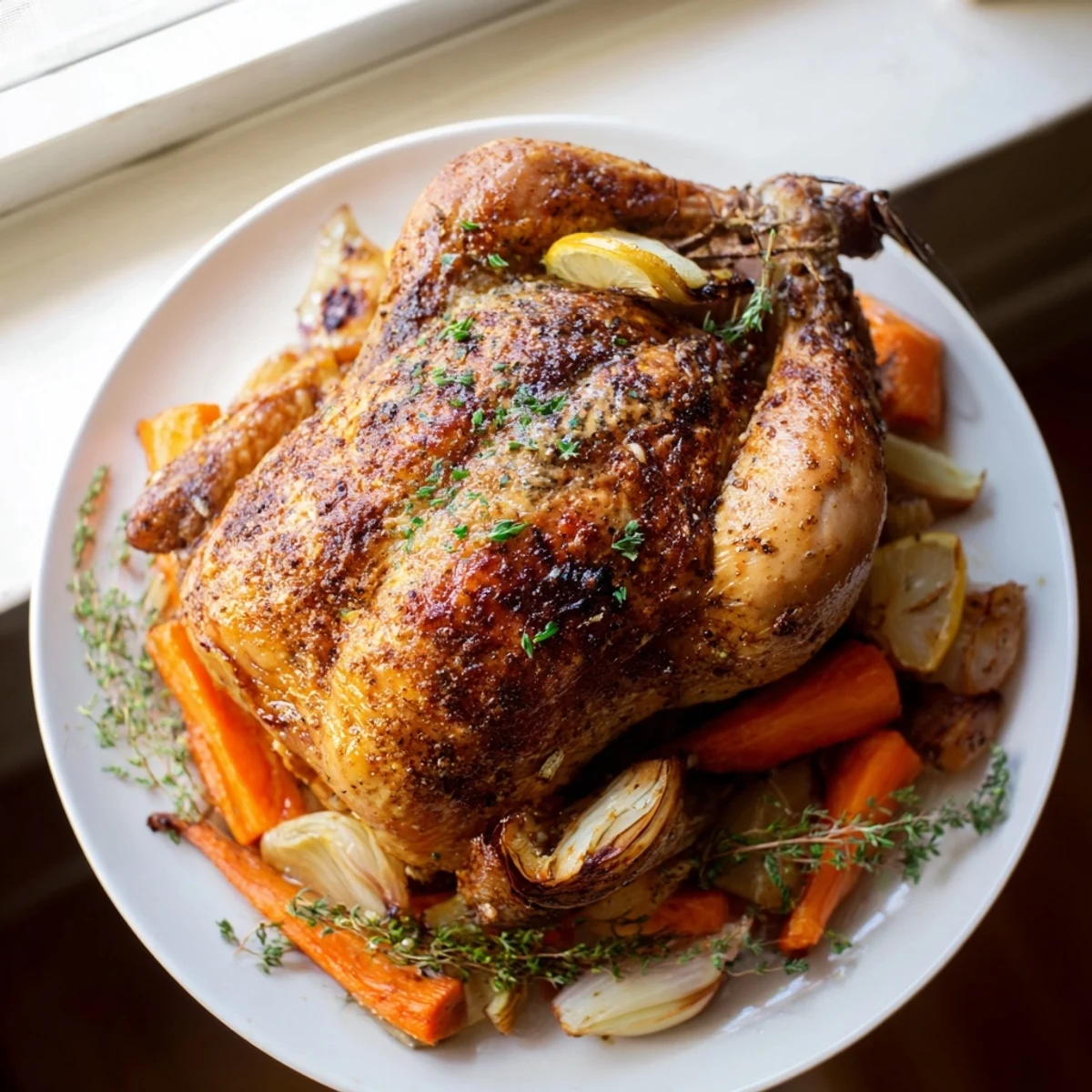 A close-up of a tender Classic Roast Chicken, showcasing its flavorful herbs and delicious crispy skin appearance.